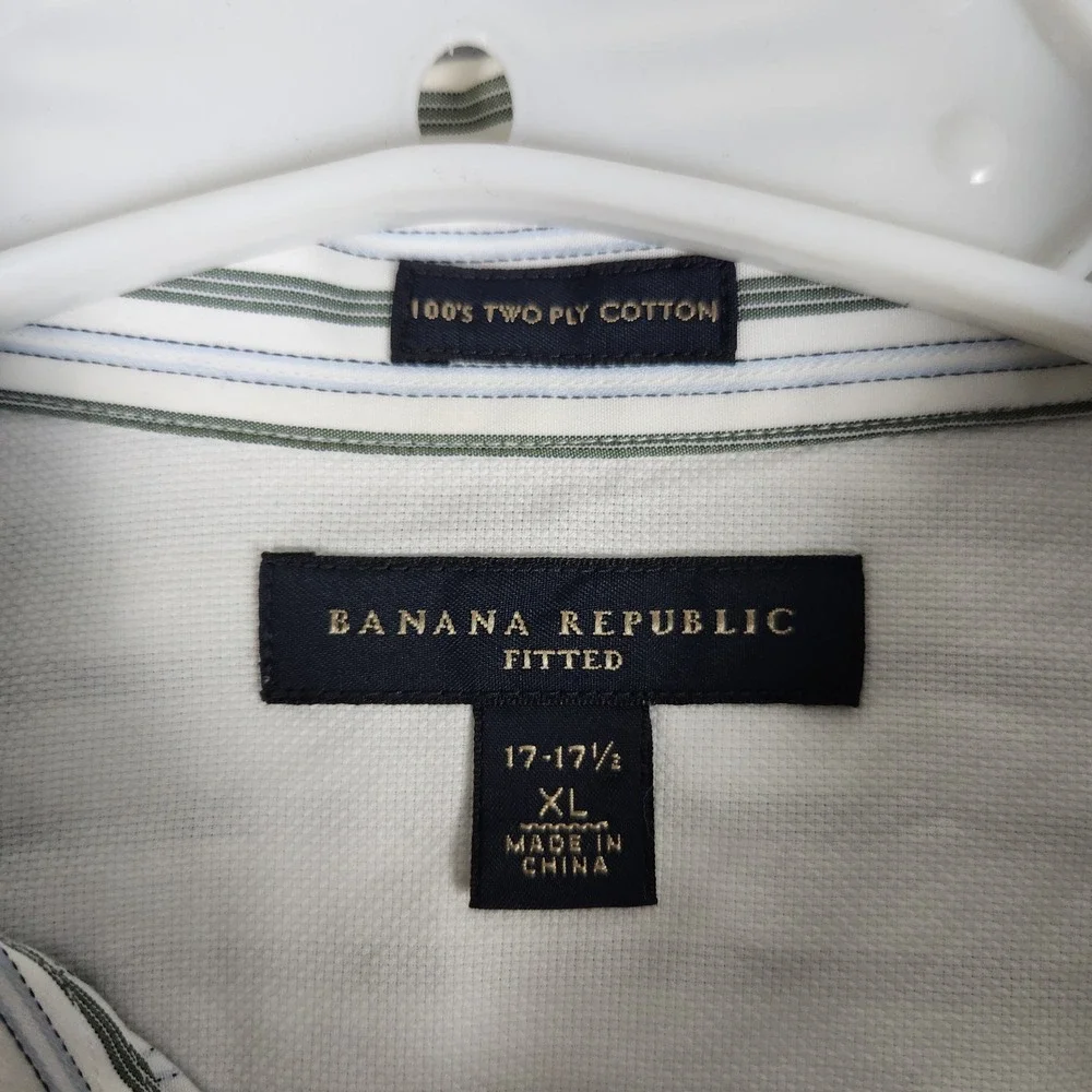 Banana Republic Dress Shirt Mens XL 17-17.5 White Green Striped Fitted Button Up